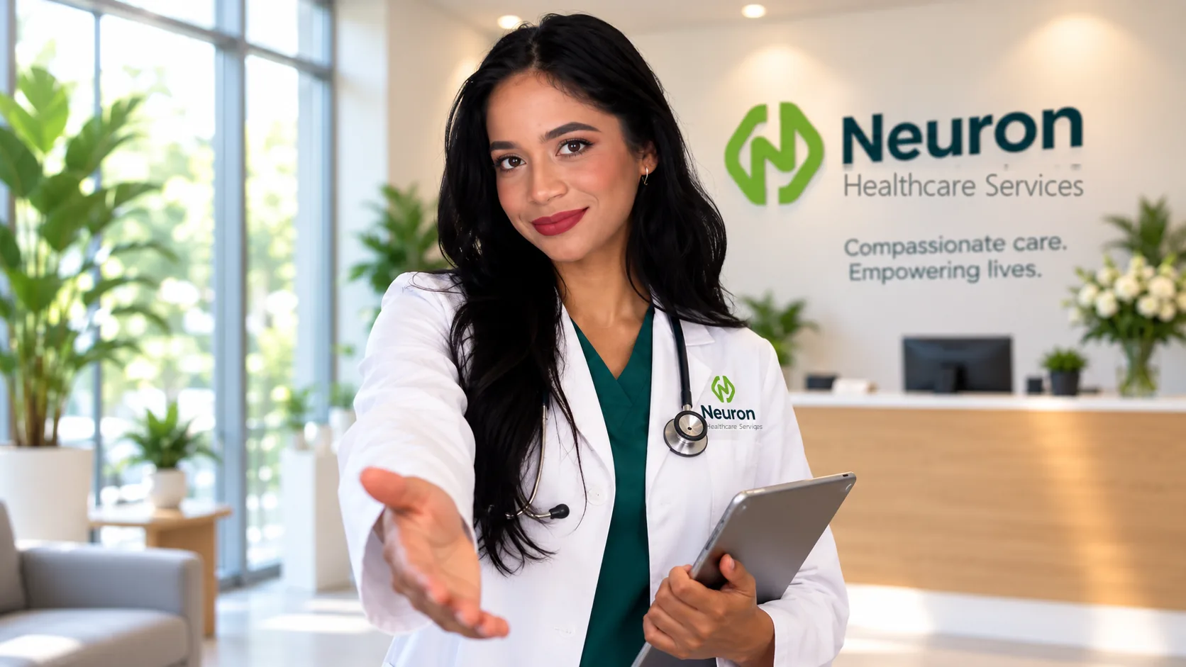 Neuron Healthcare Services clinician welcoming a visitor